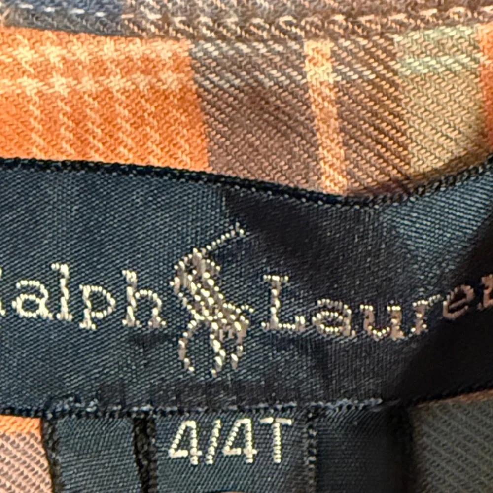 Ralph Lauren Boys Plaid Shirt 4T Orange Blue Flannel Long Sleeve